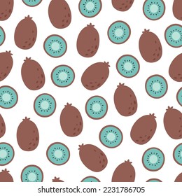 Fresh kiwi seamless pattern. Exotic and tropical fruit seamless pattern. Healthy food. Flat, hand drawn texture for wallpaper, textile, fabric, paper. Hand drawn vector illustration