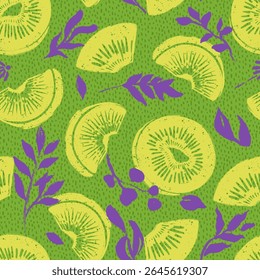 Fresh Kiwi Slices and Botanical Vector Seamless Pattern