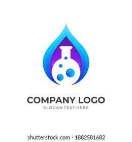 fresh lab logo, water and bottle, combination logo with 3d blue and purple color style