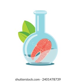 Fresh laboratory grown salmon steak meat floating in laboratory flask. 