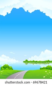 Fresh Landscape with clouds trees and lake