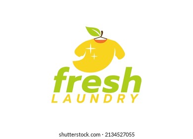 logo de la lavandería fresca con una combinación de un paño, un colgador y una hoja como el icono.
