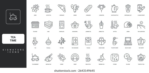 Fresh leaf from farm plantation, lemon, ginger thin black symbols vector illustration. Tea time, hot drink cup and teapot, teabag for brewing, dessert and sugar for ceremony line icon set.