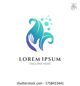 Concepto de logotipo de hojas y siluetas de mano, lujoso estilo de logotipo plano, color verde degradado