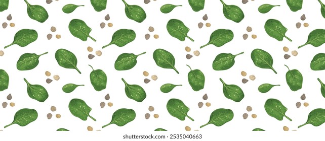 Fresh Leaf spinach and seeds how seamless pattern. Background of Green leaves vitamin salad. Rich source of vitamin K, vitamin A, iron and silicon. Vector banner.