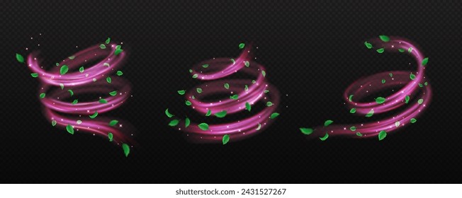Fresh leafage whirling by shiny pink flows realistic vector illustration set. Leaves in magic whirlwinds 3d elements on transparent background
