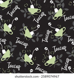 Fresh Leafy Green Teacup on the Night Pattern. This design is perfect for tea lovers and ideal for branding, packaging, wallpapers, etc. a versatile addition to tea-themed or nature-inspired