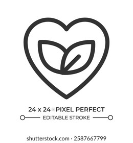 Fresh leaves in heart line ui icon. Gentle care of nature. Environment care with love and tenderness. Isolated vector outline symbol. Webdesign user interface element linear, pixel perfect