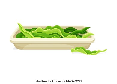 Fresh leaves of spirulina on ceramic plate. Organic dietary supplement, antioxidant superfood vector illustration