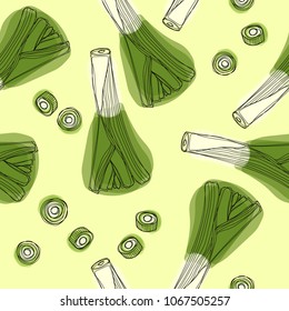 Fresh leek seamless pattern. Leek onion vector illustration.