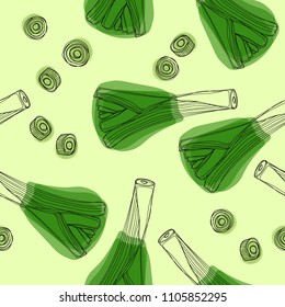 Fresh leek seamless pattern. Leek onion vector illustration.