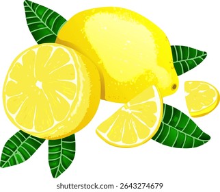 A fresh lemon accompanied by leaves and orange slices, presenting a vibrant composition that emphasizes natural freshness and citrus harmony