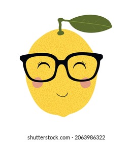 Fresh lemon with black frame glasses isolated on white background. Funny cartoon character. Vector illustration for children. Design for menu, icon, logo.