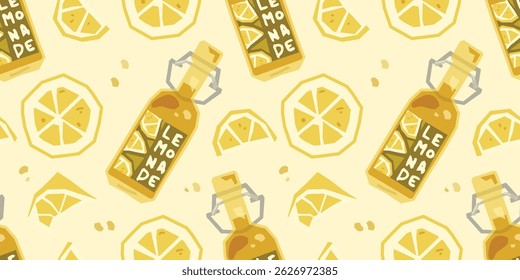 Fresh Lemon Bottle Seamless Pattern. Yellow lemonade bottles and sliced lemon pieces in a repeating layout. Bold flat cartoon style on a warm light background, with geometric elements and citrus textu
