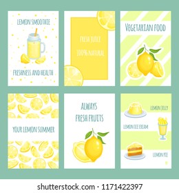 Fresh lemon cards. Lemonade and lemon citric juice with sliced and fresh fruits. Vector retro template. Food lemon, lemonade and ice cream, jelly and cake illustration