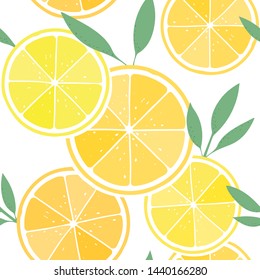 Fresh lemon, citrus fruit background with leaves, seamless pattern. Vector illustration EPS 10. 