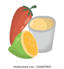 fresh lemon citrus fruit and cup with chili pepper vector illustration design