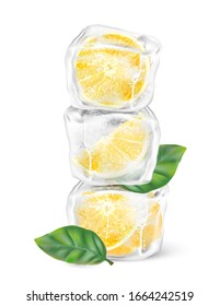 Limón fresco congelado en hielo aislado sobre fondo blanco. Vector realista en ilustración 3D.