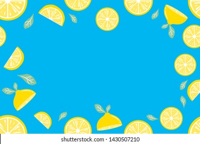 Fresh lemon fruit Frame summer Pop art slices and green leaves. Beautiful yellow pastel colour design elements, perfect for prints, wallpaper and background - Vector