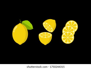 Fresh lemon fruit with a leaf sheet. Elements of lemon fruit for graphic resources. The lemon fruit vector is split with a black background. Lemon Fruit Cartoons