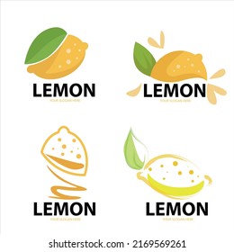 Fresh lemon fruit with leaves. Set of lemon illustrations. Whole, cut in half, lemon wedges. Orange collection. Lemon logo or icon.