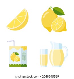 Fresh Lemon Fruit and Lemonade Set. Flat Style collection: lemon slice and whole fruit, lemon juice packages (carton, glass, jug). Premium vector