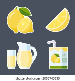 Fresh Lemon Fruit and Lemonade Sticker Set. Flat Style collection: lemon slice and whole fruit, lemon juice packages (carton, glass, jug). Premium vector