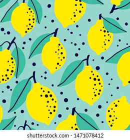 Fresh lemon fruit seamless pattern, abstract repeated background. Citrus design for paper, cover, fabric, gift wrap, wall art, interior décor. Simple artistic drawing. 