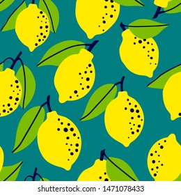 Fresh lemon fruit seamless pattern, abstract repeated background. Citrus design for paper, cover, fabric, gift wrap, wall art, interior décor. Simple artistic drawing. 