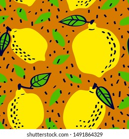 Fresh lemon fruit seamless pattern, abstract repeated background. Citrus design for paper, cover, fabric, gift wrap, wall art, interior decor. Simple artistic drawing - Vector illustration