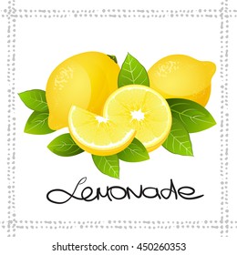 Fresh lemon fruit slice. Realistic juicy citrus with leaves vector illustration isolated on white background.