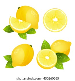 Fresh lemon fruit slice set. Collection of realistic juicy citrus with leaves vector illustration isolated