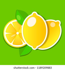 Fresh lemon fruit slice and whole with leaves . Vector illustration.