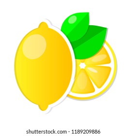 Fresh lemon fruit slice and whole with leaves . Vector illustration.