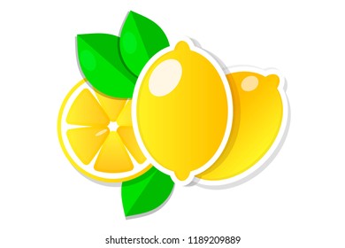 Fresh lemon fruit slice and whole with leaves . Vector illustration.