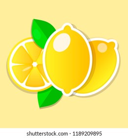 Fresh lemon fruit slice and whole with leaves . Vector illustration.