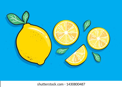 Fresh lemon fruit summer Pop art slices and green leaves. Beautiful pastel colour design elements, perfect for prints, wallpaper and background