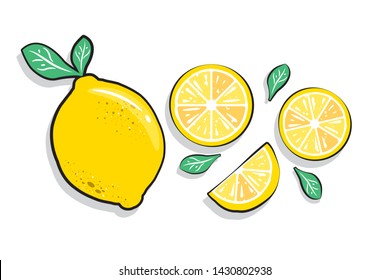 Fresh lemon fruit summer Pop art slices and green leaves. Beautiful pastel colour design elements, perfect for prints, wallpaper and background