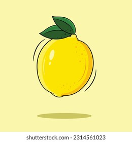 Fresh Lemon Fruit With Two Green Leaves Isolated On Light Yellow Background, Vector Illustration