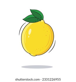 Fresh Lemon Fruit With Two Green Leaves Isolated On White Background, Vector Illustration