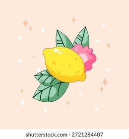 Diseño fresco de la Ilustración vectorial de la fruta del limón con las hojas y las flores decorativas de la flor en fondo suave de los colores pastel. Perfecto para pegatinas, ilustraciones para niños, empaques, tarjetas de felicitación, carteles, proyectos creativos con temas de alimentos frescos y saludables.