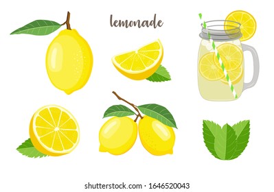 Fresh lemon fruits collection.  Lemon vector illustration set for lemonade, drinks design. Lemonade elements for card, package, certificate. 