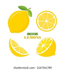 Fresh lemon fruits, collection of vector icon illustrations on white background