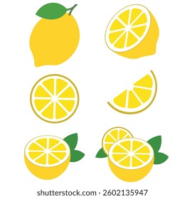 Fresh lemon fruits collection of vector illustrations isolated on white.
