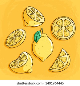 Fresh Lemon Fruits With Cute Colored Doodle Style on Yellow Background