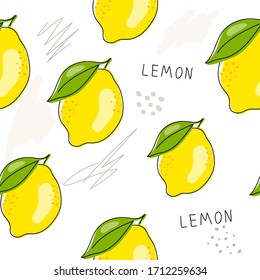 Fresh lemon fruits with green leaves. Seamless pattern with yellow fruits on a white background. A whole lemon. Ripe citrus. Doodle Minimal style. Black line. Vector illustration. Handwriting.