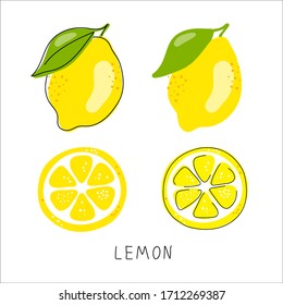 Fresh lemon fruits with green leaves. Set. Whole lemon cut in half, lemon slice, clipping path isolated on white background. Yellow. Citrus. Doodle Minimal style. Black line. Vector illustration.