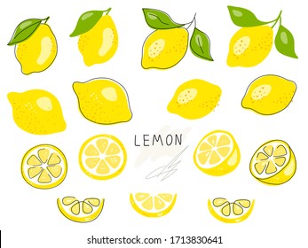 Fresh lemon fruits with green leaves. Set. Whole lemon cut in half, lemon slice, clipping path isolated on white background. Yellow. Citrus. Doodle Minimal style. Black line. Vector illustration.