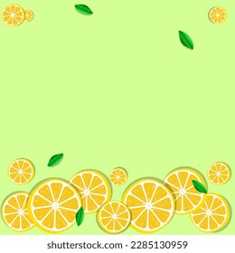 Fresh lemon fruits with green leaves. Falling lemon slices on a green background. Vector illustration.