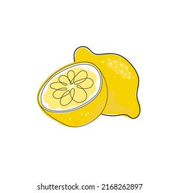 Fresh lemon fruits. Logo. Whole lemon cut in half, slice, clipping path isolated on a white background. Doodle Black line. Citrus. Drawing